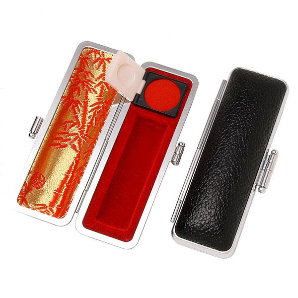 ご印鑑ケース・丸寸胴用・もみ革ケース(外装ブラック・内張：朱竹)・印鑑長さ約60mm・直径16.5m...