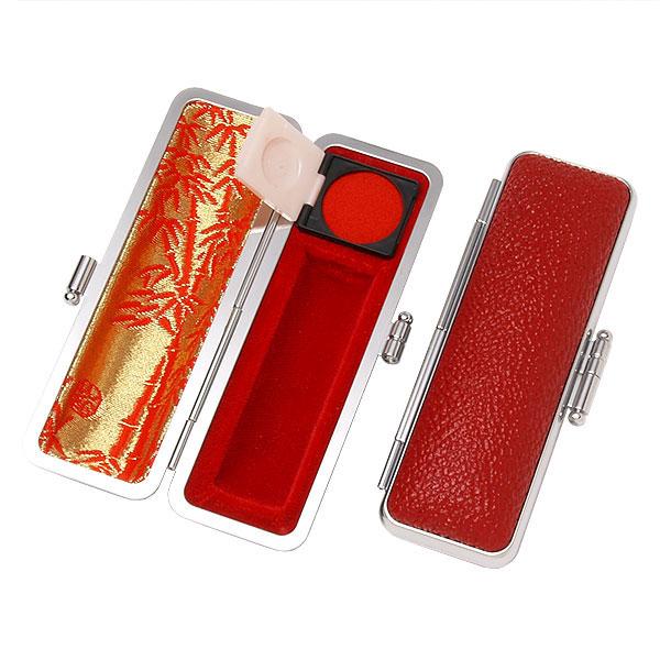 ご印鑑ケース・丸寸胴用・もみ革ケース(外装レッド・内張：朱竹)・印鑑長さ約60mm・直径16.5mm...