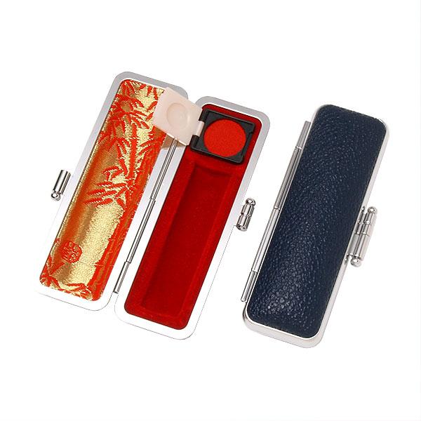 ご印鑑ケース・丸寸胴用・もみ革ケース(外装ブルー・内張：朱竹)・印鑑長さ約60mm・直径13.5mm...