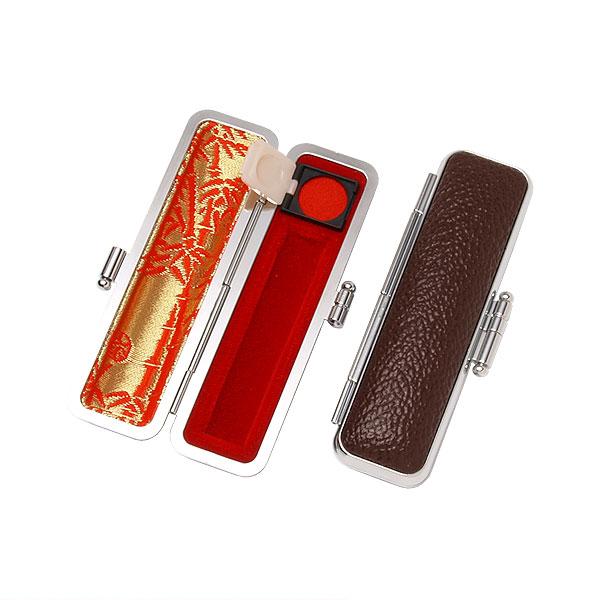 ご印鑑ケース・丸寸胴用・もみ革ケース(外装ブラウン・内張：朱竹)印鑑長さ約60mm・直径・10.5m...