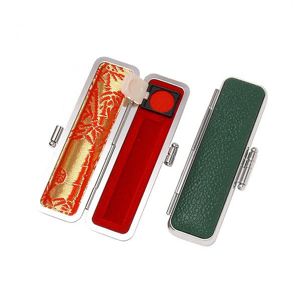 ご印鑑ケース・丸寸胴用・もみ革ケース(外装グリーン・内張：朱竹)・印鑑長さ約60mm・直径10.5m...