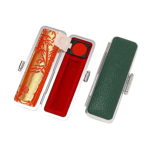 ご印鑑ケース・丸寸胴用・もみ革ケース(外装グリーン・内張：朱竹)・印鑑長さ約60mm・直径13.5m...