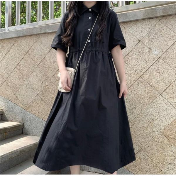 ワンピース　ゴスロリ　送料無料　かわいいブラックミディドレス ソフトガール カジュアルポロカラー 半...