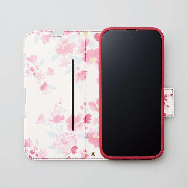 iPhone14 Plus ケース ソフトレザー 手帳型 薄くて軽い ピンク×花柄 ネコポス送料無料