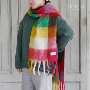 細ブロックチェックストール ブークレ マフラー イノブンオリジナルネームタグ付き A ピンク 新春 初売り セール