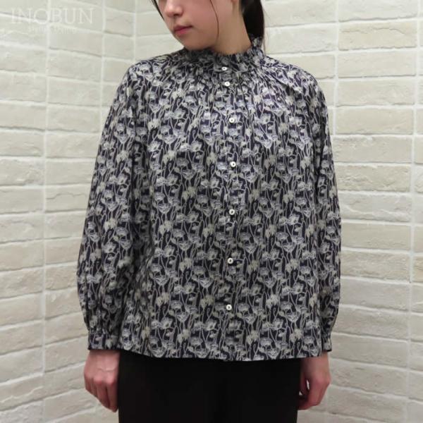 sosotto LIBERTY タナローンフリル衿ゴムシャーリングブラウス ネイビー系