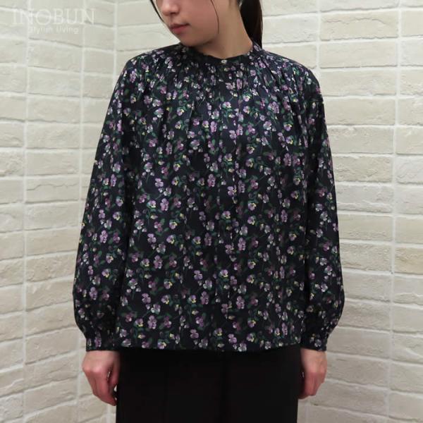 sosotto LIBERTY タナローン胸シャーリングブラウス ネイビー系