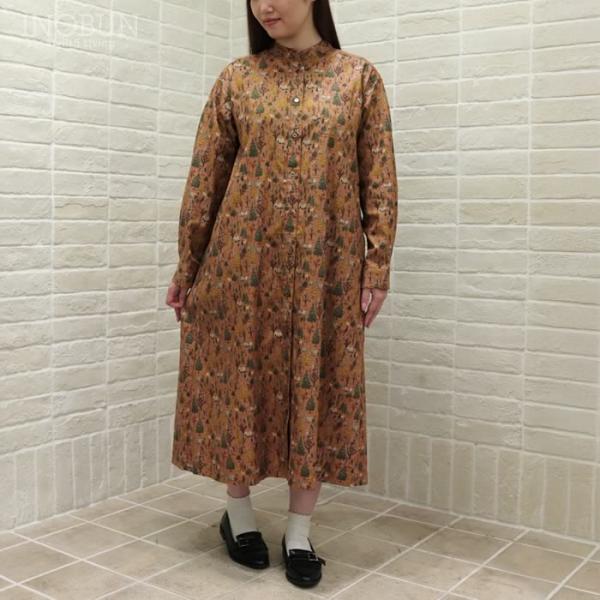 Parkes バンドカラーシャツワンピース 30ビエラ 森の中の家 オレンジブラウン セール