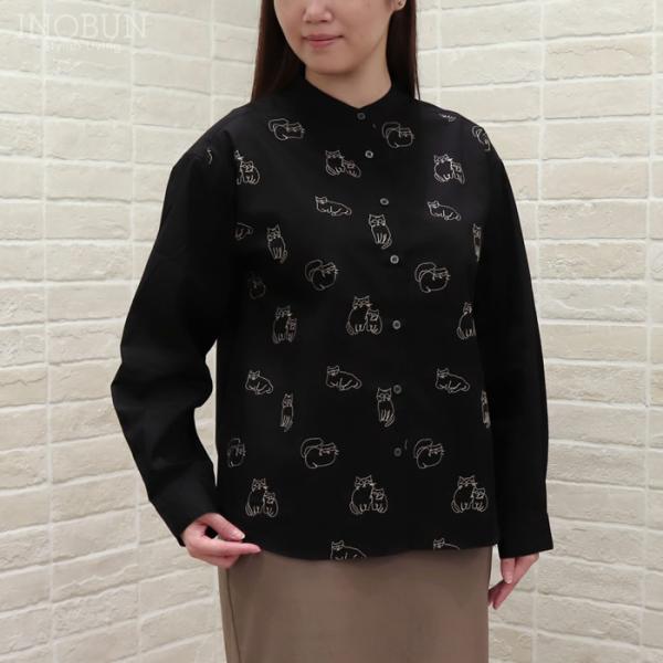 Parkes バンドカラードロップショルダーシャツ ネコ刺繍 ブラック セール