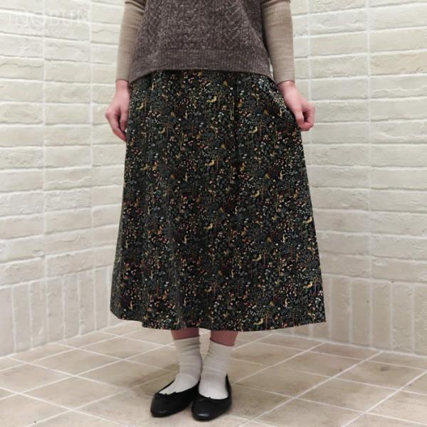 Parkes 前タックギャザースカート 21Wコーデュロイ 森の動物 ネイビー セール