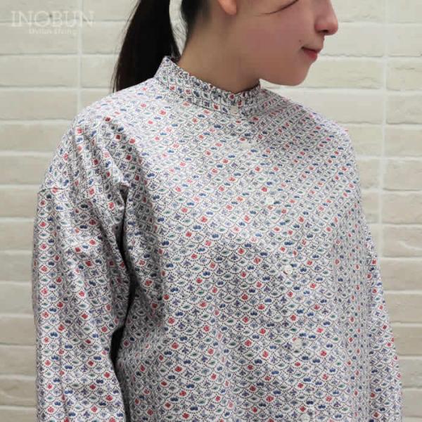 Parkes リバティ コットンフランネル スタンドフリルビックシャツ ブラウス Mサイズ 長袖 F...