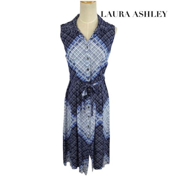 中古 ローラアシュレイ LAURA ASHLEY ノースリーブ  ワンピース プリーツ ブルー系 レ...