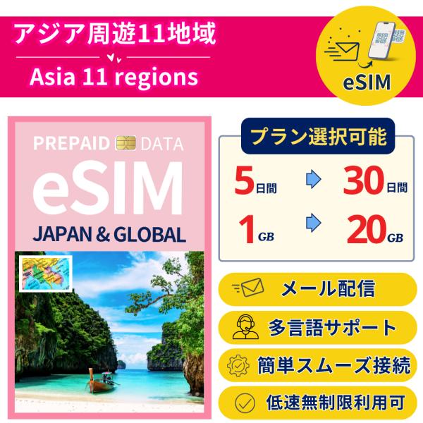 アジア周遊11地域 eSIM 5日〜30日 1GB〜20GB 簡単設定 最短即日発行 パスポート不要...
