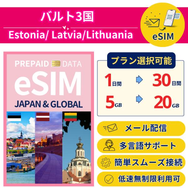 バルト3国 eSIM 30日 5GB〜30GB 簡単設定 最短即日発行 パスポート不要 DATA 送...