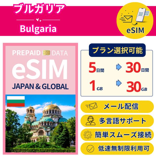 ブルガリア eSIM 1日- 毎日1GB-30GB 簡単設定 最短即日発行 パスポート不要 送料無料...