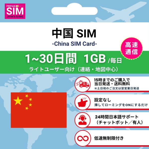 [中国 SIMカード] 毎日1GB データ通信専用 プリペイド 高速データ 低速無制限 選べる日数 ...