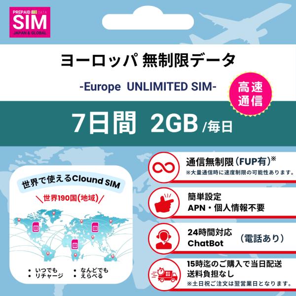【ヨーロッパSIM】無制限 データ通信専用 プリペイドSIMカード 旅行 出張 帰国向け 7日間 2...