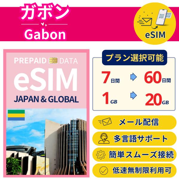 ガボン eSIM 7日から 1GB〜30GB 簡単設定 最短即日発行 パスポート不要 送料無料 メー...