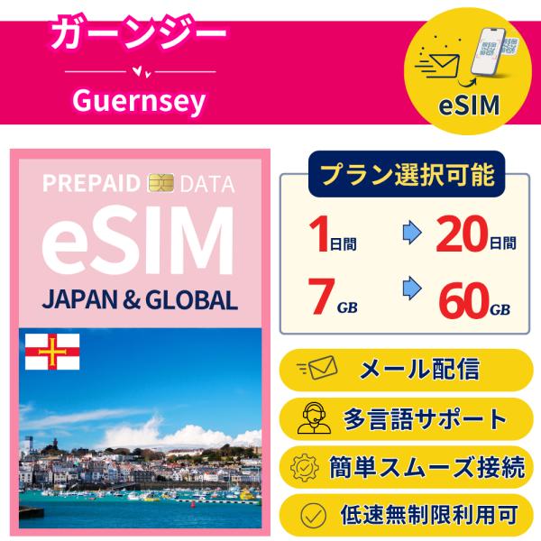 ガーンジー eSIM 1日- 毎日1GB-30GB 簡単設定 最短即日発行 パスポート不要 送料無料...
