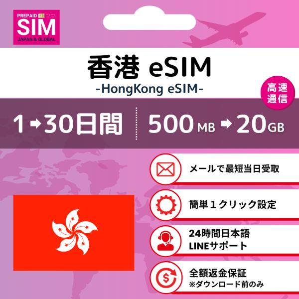 [香港 eSIM] データ専用 プリペイド 最短即日メール配信 容量 日数選択可 低速無制限付 日本...