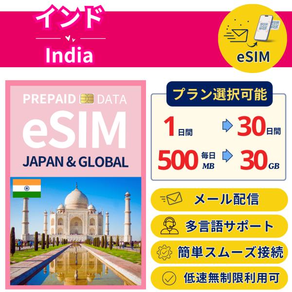 インド  eSIM 1日から 500MB〜毎日3GB 簡単設定 最短即日発行 パスポート不要 DAT...