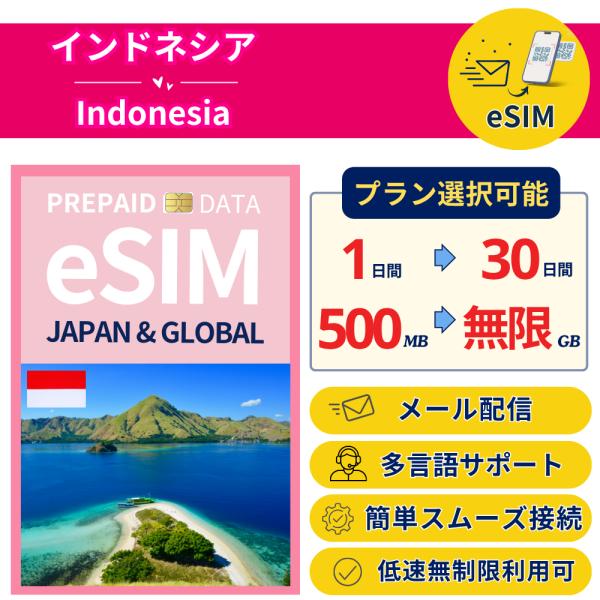 インドネシア eSIM 1日- 500MB〜使い放題 簡単設定 最短即日発行 パスポート不要 無制限...
