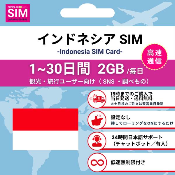 [インドネシア SIMカード] 毎日2GB データ通信専用 プリペイド 高速データ 低速無制限 選べ...