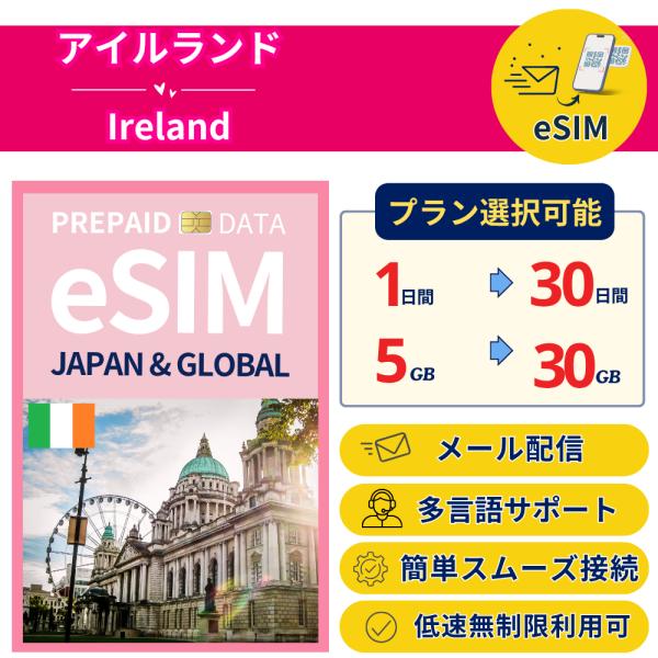 アイルランド eSIM 1日- 毎日1GB-30GB 簡単設定 最短即日発行 パスポート不要 送料無...