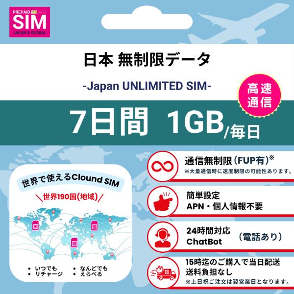 【日本SIM】無制限 データ通信専用 プリペイドSIMカード 旅行 出張 帰国向け 7日間 1GBデ...