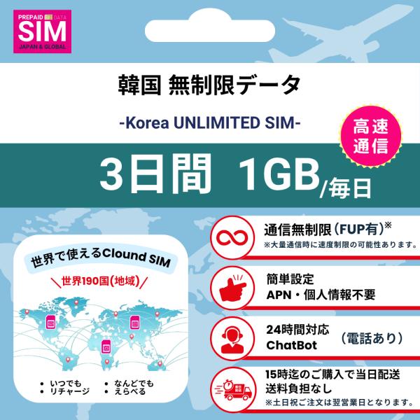 【韓国SIM】無制限 データ通信専用 プリペイドSIMカード 旅行 出張 帰国向け 3日間 1GBデ...