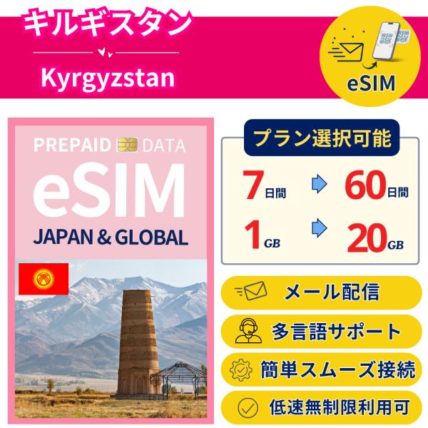 キルギスタン+ eSIM 7日から 1-20GB 簡単設定 最短即日発行 パスポート不要 送料無料 ...