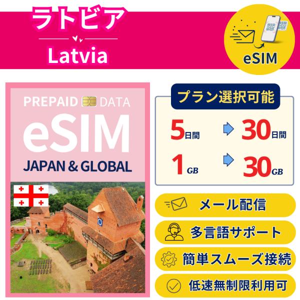 ラトビア eSIM 1日- 毎日1GB-30GB 簡単設定 最短即日発行 パスポート不要 DATA ...