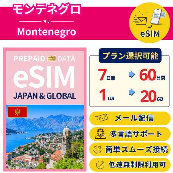 モンテネグロ eSIM 1日- 毎日1GB-30GB 簡単設定 最短即日発行 パスポート不要 送料無...