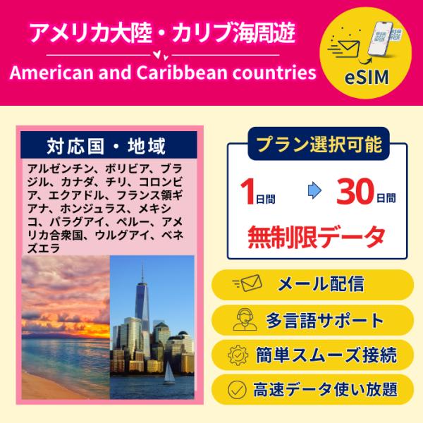 アメリカ大陸/カリブ海周遊 eSIM 高速データ使い放題 無制限通信 1〜30日間 即時発行 メール...