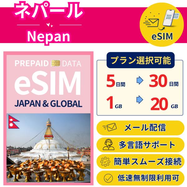 ネパール eSIM 5日から 1GB〜20GB 簡単設定 最短即日発行 パスポート不要 DATA専用...