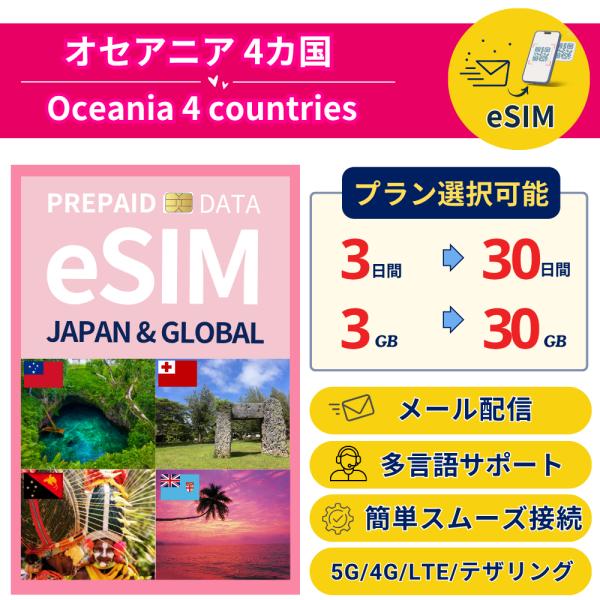 オセアニア４カ国 eSIM 簡単設定 最短即日発行 パスポート不要 送料無料 サポート充実 留学 短...