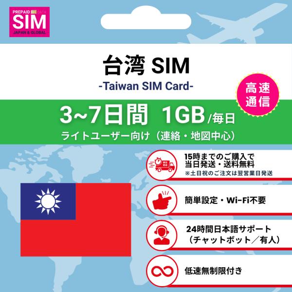 台湾 SIMカード 毎日1GB データ通信専用 プリペイド 高速データ 低速無制限 選べる日数 簡単...