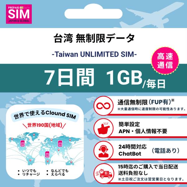 【台湾SIM】無制限 データ通信専用 プリペイドSIMカード 旅行 出張 帰国向け 7日間 1GBデ...