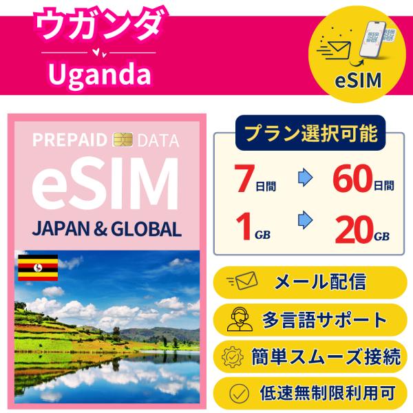 ウガンダ+ eSIM 7日から 1-20GB 簡単設定 最短即日発行 パスポート不要 DATA 送料...