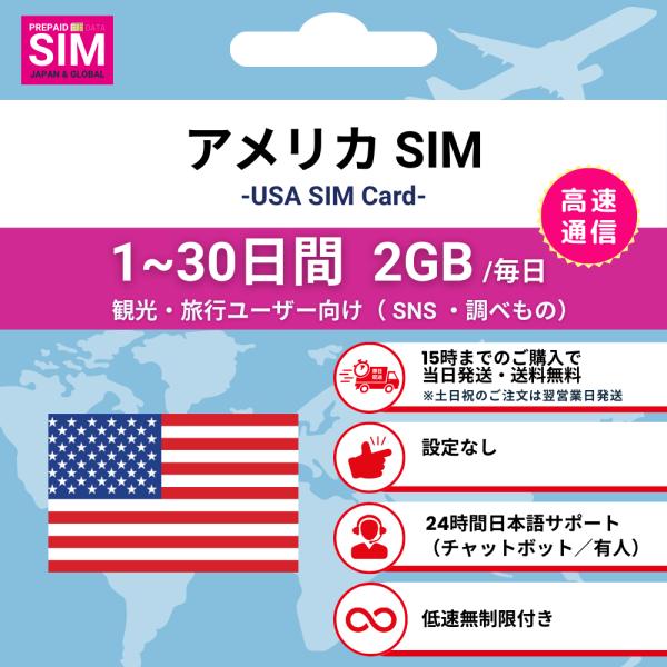 アメリカ SIMカード 毎日2GB データ通信専用 プリペイド 高速データ 低速無制限 選べる日数 ...