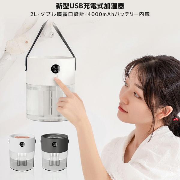 USB加湿器 加湿器 2000ml 2L 大容量 超音波式加湿器 ダブル 噴霧口 4000mAh バ...