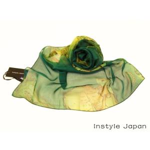 シルク100％ シフォン スカーフ 大航海柄 グリーン 65×65 / 95×65 / 195×65...