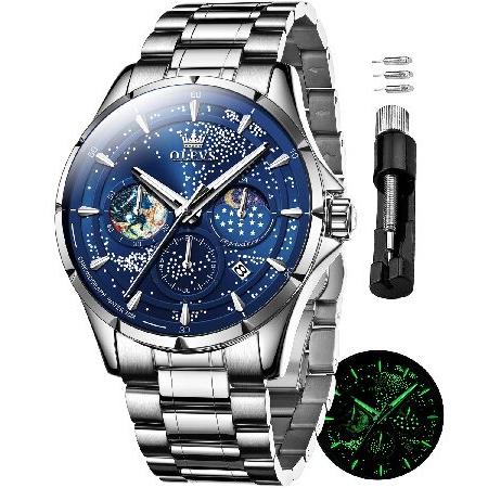 OLEVS Mens Watches Blue Starry Sky Moon Phase Dial...