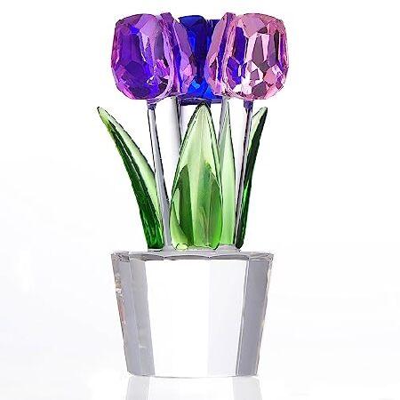 Qianwei クリスタルチューリップフラワー置物 カラフルな花瓶付き - ガラスフラワーブーケ コ...