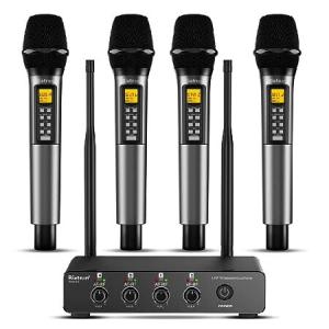Bietrun 4 Channel Wireless Microphone with Echo/Treble/Bass 160 ft UHF Range 4 XLR+1/4 Output Metal Cordless Handheld Dynamic Mics System for Wedding