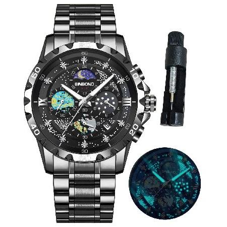 【並行輸入品】 BINBOND Black Mens Watches Starry Sky Moon...
