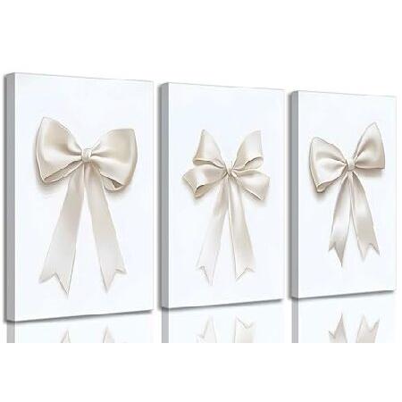 【並行輸入品】 ベージュリボンキャンバスウォールアートコケットプレッピーボウ美的絵画絵画3点ウォール...