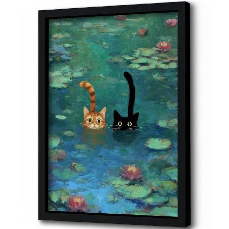【並行輸入品】 ブラックフレーム付きファニーキャットキャンバスウォールアートウォーターリリーの猫絵ヴ...
