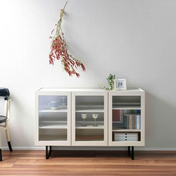 サイドボード ガラス扉 キャビネット ホワイト 白 幅120cm 奥行33cm 高さ75cm BLS...