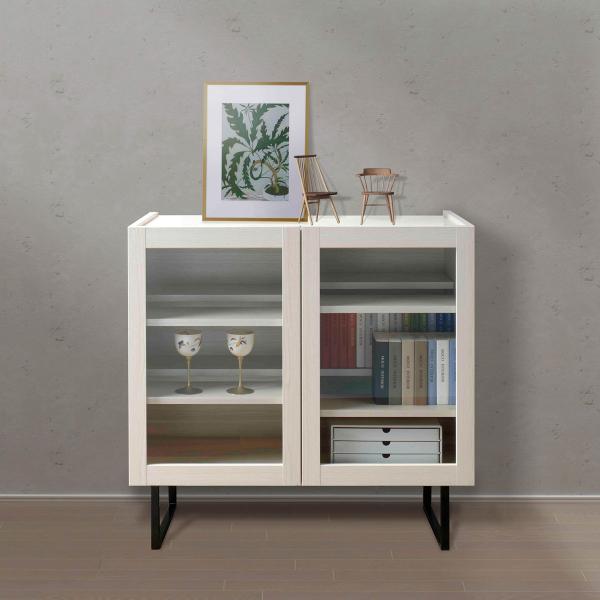 サイドボード ガラス扉 キャビネット ホワイトウッド 幅80cm 奥行33cm 高さ75cm BLS...